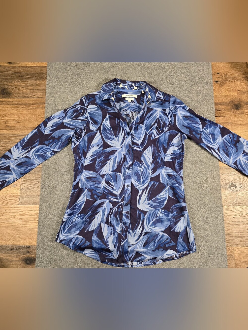 Foxcroft Blue Leaf Print Button-Down Shirt Wrinkle Free